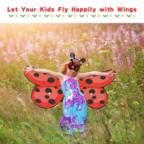 AOMIG Red Wing Costume for Kids, 3Pcs Red Fancy Dress Animal Costume with Red Wings, Headband and Eye Mask, Children's Red Wing Fancy Dress Up for Birthday Party Cosplay Gifts