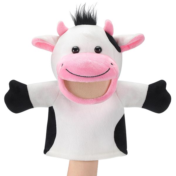 Zomiboo Hand Puppets Soft Animal Hand Plush Toy with Movable Mouth Imaginative Pretend Play Stocking Storytelling Interactive Toy (Cow)