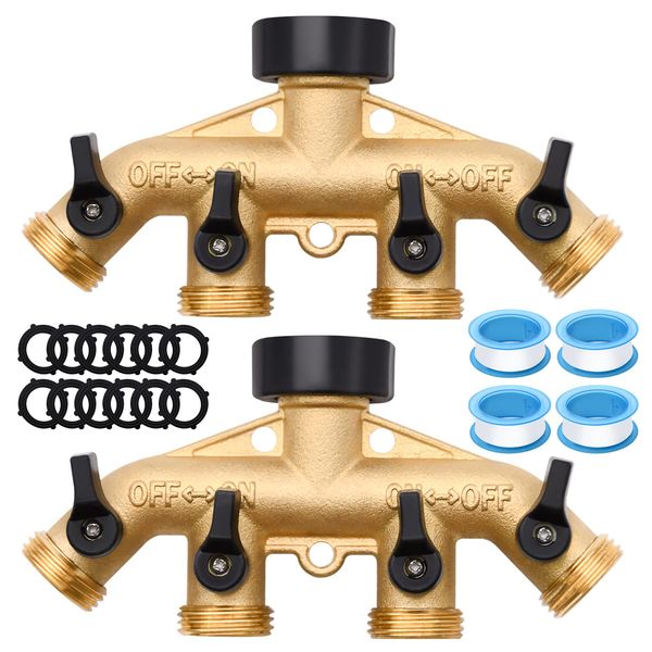 2 Pack Hose Splitter, 4 Way Heavy Duty Brass Garden Hose Splitter, for 3/4" Hose Connector, Brass Garden Hose Manifold with Rubber Washers & Tapes(2 pack 4 way)