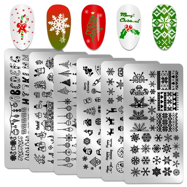 HOWAF 6 Set di Stamping Nail Art Natale Timbro per Unghie Nail Art Template Stencil Albero di Natale Babbo Natale Fiocco di Neve Stampino French Unghie Manicure Natale Decorazioni Stampini per Unghie