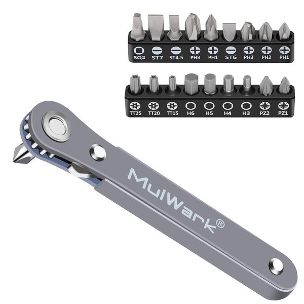 MULWARK 19-Piece Magnetic Screwdriver Set, Grey, Chrome Vanadium Steel, Compact Size, Smooth Ratcheting, Magnetic Bit Adaptor