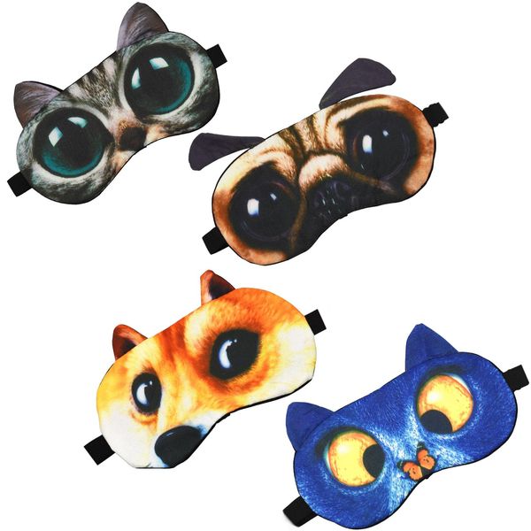 GRPSKCOS Kids Sleep Mask, 4 Pack Cute Animal Cat Dog Funny Sleep Eye Mask for Sleeping Soft Plush Blindfold with Adjustable Strap for Kids Adults Travel Naps Shift Works Games(#1 Style A- 4 Pack)