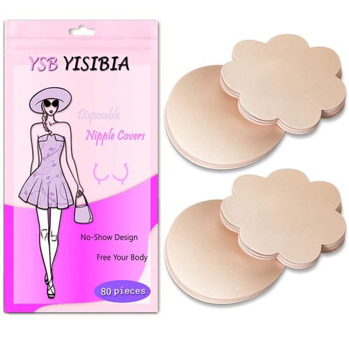 YISIBIA 80 Pieces Nipple Covers For Women Disposable Adhesive Natural & Invisible Satin Nipple Pasties Stickers Breast Petals (Nude)