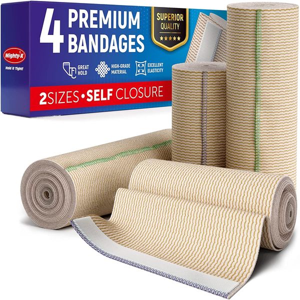 Premium Compression Bandage - Pack of 4 - (2 x 10cm & 2 x 15cm) - Self-Closing Elastic Bandage Wrap - Latex Free - Washable & Reusable