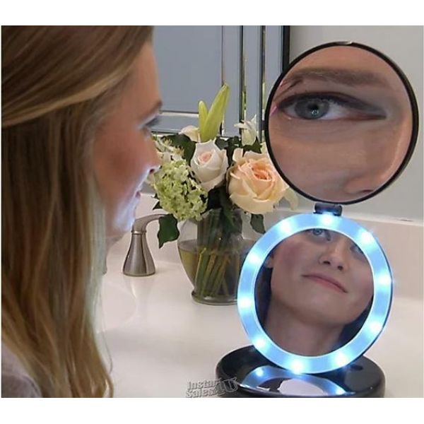 Black Dual Magnifying Make-up Travel Vanity Mirror LED Lighted "P" Lori Greiner