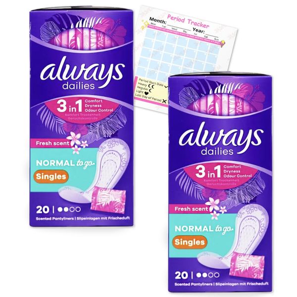 Always Dailies Panty Liners Normal 40x Fresh Scent Pantyliners | Go Fresh 3 in 1 | Singles Individually Wrapped | Odour Neutralising | Comfort | Pack of 2X 20 | Including Jaspem Period Tracker