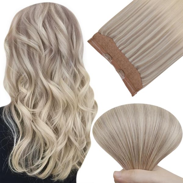 Easyouth One Piece Extensions mit Secret Draht Farbe Ash Blonde Mix Mittelbraun Und Platinblond Fish Line Hair Extensions #18/22/60