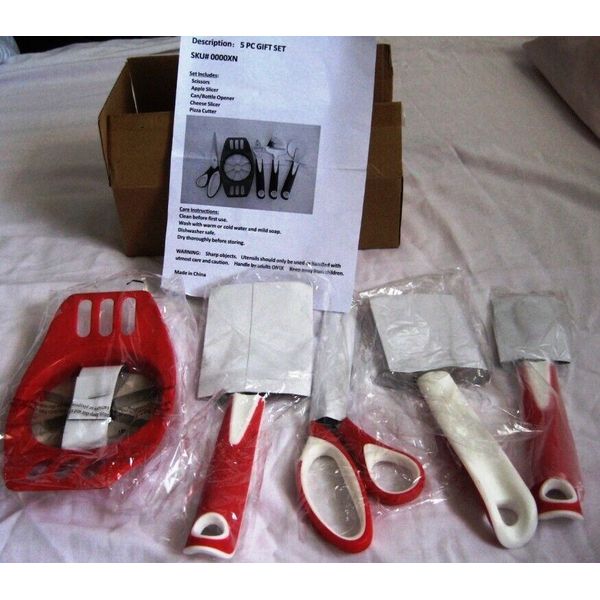 New 5pc kitchen utensils Red & White Scissors,Apple corer,Cheese slicer,Pizza cu