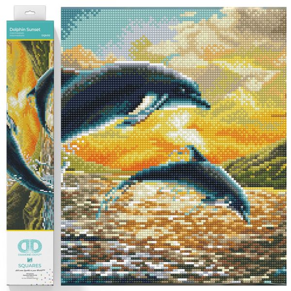 DIAMOND DOTZ ® - Dolphin Sunset, Full Drill, Square Dotz, Square Diamond Painting Kits, Square Drill Diamond Painting, Diamond Painting Square Drill, Square Diamond Art, 12.4"x16.5"