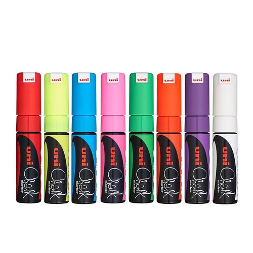 uni-ball PWE-8K Liquid Chalk Pens. Multi-Purpose Wipeable Coloured Markers for Blackboards, Chalkboards, Whiteboards, Glass, Mirrors, Plastic, Windows, Metal. Safe for Kids. Chisel Tip 8mm. 8 Pack