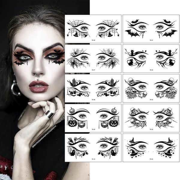 10 Pairs Halloween Eye Shadow Eyeliner Tattoo Stickers Face Eye Makeup Tattoos Eyeliner Decals Black Spider Web Skull Bat Eyeliner Fake Temporary Tattoos for Women Halloween Masquerade Party Supplies