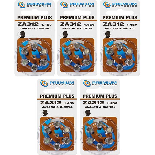 Premium Batteries Size 312, PR41, P312, ZA312 1.45V Zinc Air Hearing Aid Batteries Brown Tab (30 Batteries)