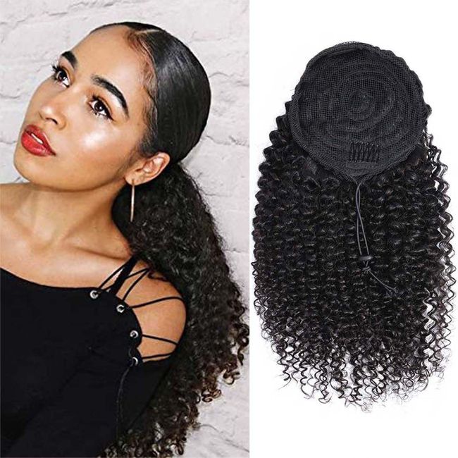 VTAOZI Ponytail Extension Human Hair Curly Drawstring Ponytail for Black Women 9A Brazilian Curly Drawstring Ponytail Extension Human Hair Natural Black 14 Inch