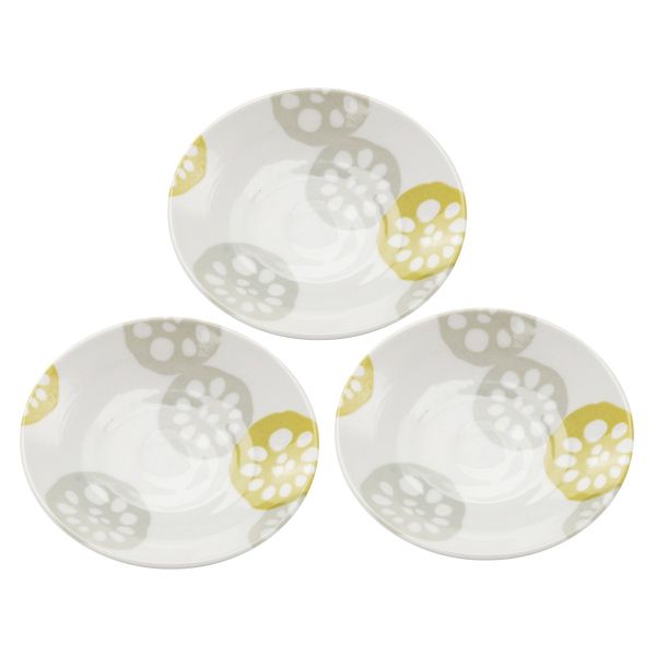 Mino Ware 138981 (3) Lightweight Small Plate, Dinnerware Set, 3 Pieces, Lotus Root, Yellow, Approx. 4.7 inches (12 cm) Diameter, Microwave and Dishwasher Safe, Made in Japan