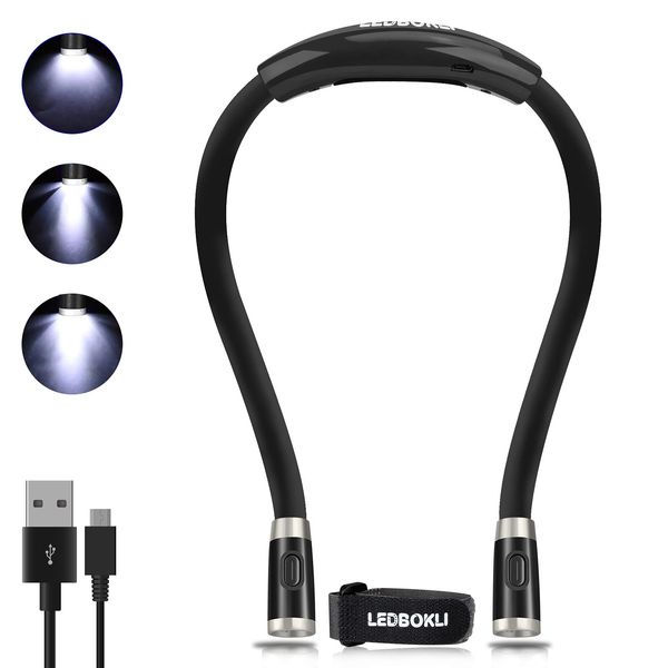 LEDBOKLI Book Light for Reading in Bed, Rechargeable Neck Reading Light, 650mAh 3 Lighting Modes 4 LED Beads, Reading at Night Hands Free, Neck Light for Reading, Knitting, Repairing (Black)