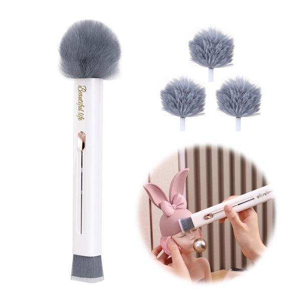 Dusting Brush Small Duster Dust Brush Dust Brush - 2 in 1 Microfibre Household Dust Mop with 3 Replacement Heads for Blinds, Furniture, Keyboards, Car Upholstery, Max. Long 21-25 cm, White