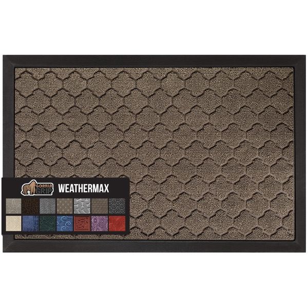 Gorilla Grip 100% Waterproof All-Season WeatherMax Doormat, Durable Natural Rubber, Stain and Fade Resistant, Low Profile, Indoor Outdoor Doormats, Easy Clean Patio Entry Mat, 17x29, Latte Quatrefoil