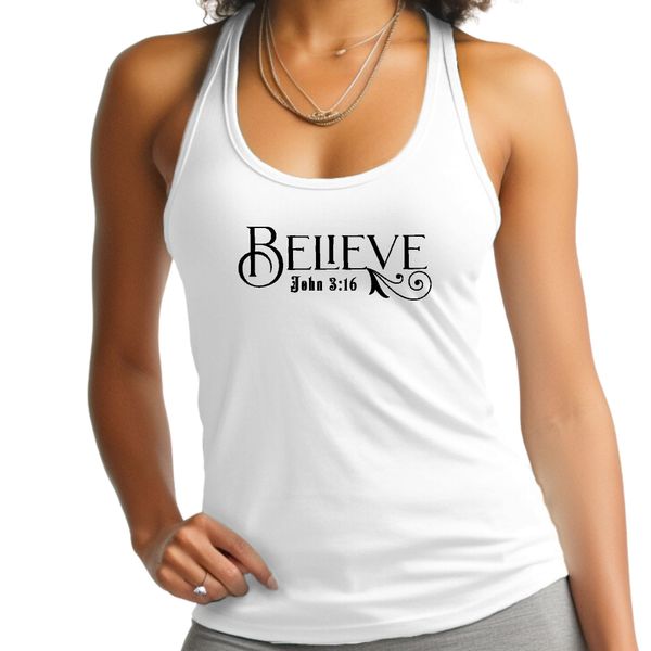 Womens Fitness Tank Top Graphic T-shirt, Believe John 3:16 Black - White / L