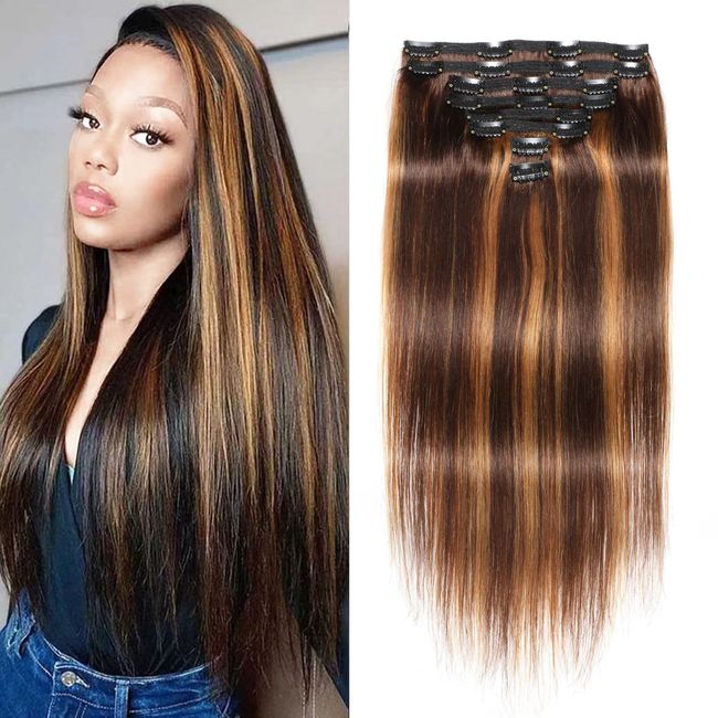 TOOSOAR Echthaar Extensions, 40cm 8 Teile set Clip in Extensions Echthaar, Clip in Extensions, für Komplette Kopf Glatt Clip in Extensions