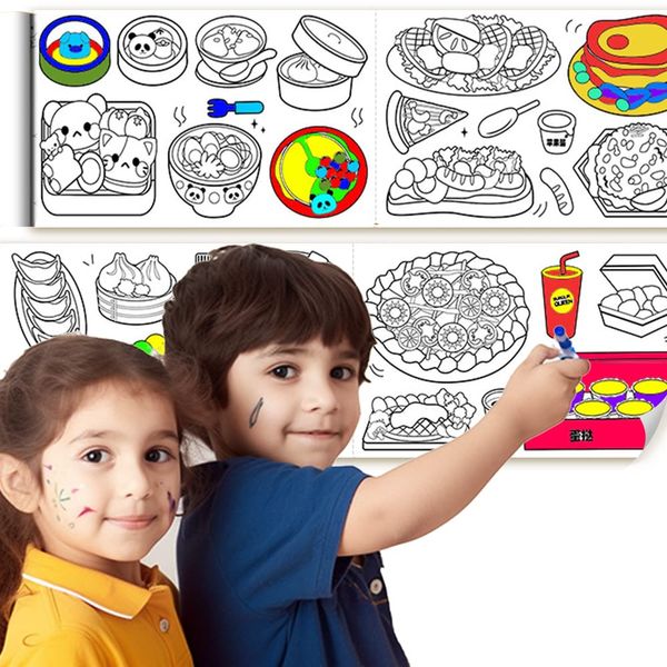 Jumbo Coloring Paper Roll for Kids, Toddler Drawing Paper Roll, Squeaky Clean Sticky Wall Painting Stickers Set for Edu Gift, 120 * 11.8 Inch (Food Party)