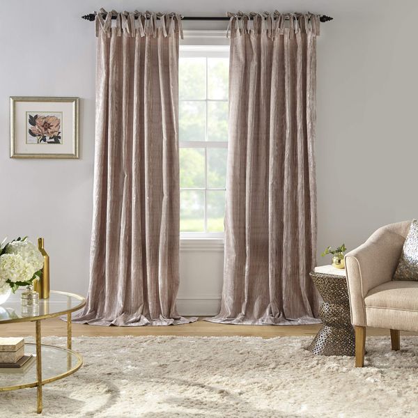 Elrene Home Fashions Korena Tie-Top Crushed Velvet Window Curtain Panel, Rustic-Chic Curtain Panel for Living Room or Bedroom, 52 Inches by 95 Inches, Taupe, 1 Panel