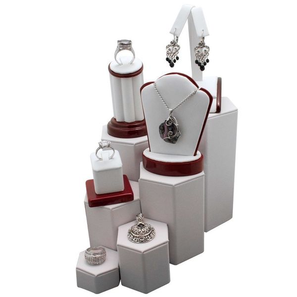 Mid Size White Leather Jewelry Display Stand Riser Set - 6 Pieces