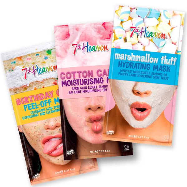 7th Heaven Sweet Treats Face Mask Skincare Set, Pack of 3 – Birthday Cake Peel Off Mask, Cotton Candy Moisturising Mask & Marshmallow Fluff Hydrating Mask – Moisturise & Hydrate Skin