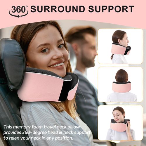 Tri-tra Travel Pillow,Neck Pillow Memory Foam 360 Degree Support Pillows,Travel Neck Pillow Comes with Eye Masks,Earplugs,Ideal Accessory for Airplanes Offices and Cars (Pink)