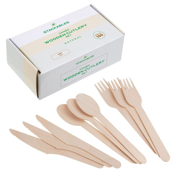 Disposable Wooden Cutlery Sets ~ 150 Piece Forks Spoons & Knives 50 of Each ~ 16cm Bamboo Biodegradable Compostable Eco Friendly Cutlery Set