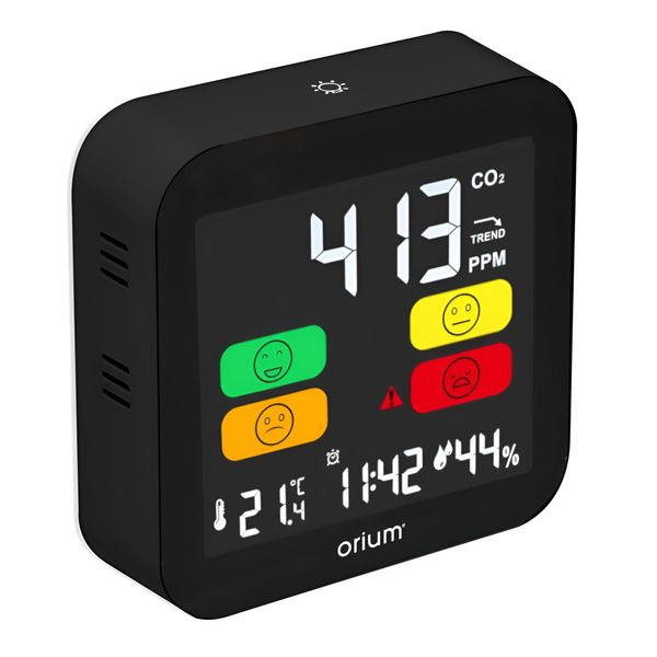 CO2 Melder Messgerät Luftqualitätsprüfer, Kohlenstoffdioxid Sensor Messung PPM, Co2 Anzeige mit Smiley Ampelanzeige, Raumluft Lüftungsempfehlung Alarm, Wecker, Thermometer, Luftfeuchtigkeit Hygrometer