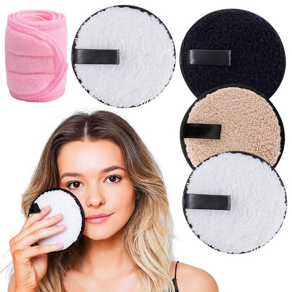 4 Pcs Face Halo Makeup Remover Pads with Spa Facial Towel Headbands, XCOZU Reusable Make Up Pads/Wipes, Washable Makeup Remover Pads Microfibre Cotton Face Cleansing Cloths for All Skin Type