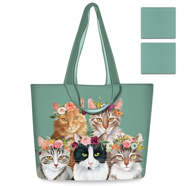 NymphFable 2 Pack Tote Bag Reusable Cute Cats Green Shopping Bags Washable Foldable Polyester Grocery Bags