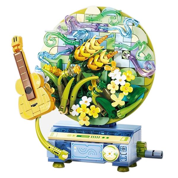 Piegricdiat Flower & Music Box Building Blocks Set, Beautiful Wheat & Simulated Guitar Blocks, Compatible with Lego 6254100 Building Accessory (Blue 367Pcs)