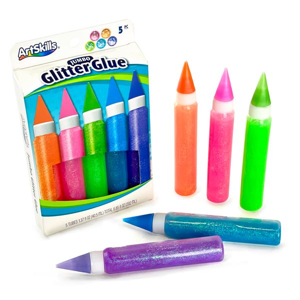 ArtSkills Puffy Neon Jumbo Rainbow Glitter Glue Pens, 5 Colors, 5 Count