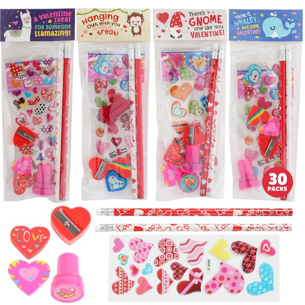 Funeta 30 Pack Valentines Day Stationery, Kids Class Party Favor Cards Set and Gifts for School Classmates, Each Includes 2 Pencils, Erasers, Pre-Inked Stamper Self-Adhesive Stickers