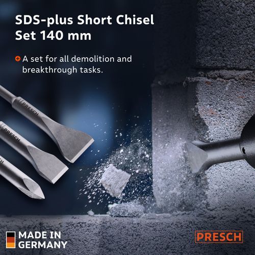 Presch SDS-Plus Chisel Set 3-Piece - Complete Set of Flat Chisel, Wide Chisel & Point Chisel - Extremely Robust, Durable Tips - Rotary Hammer chisels (140mm Length) for Powerful Strikes