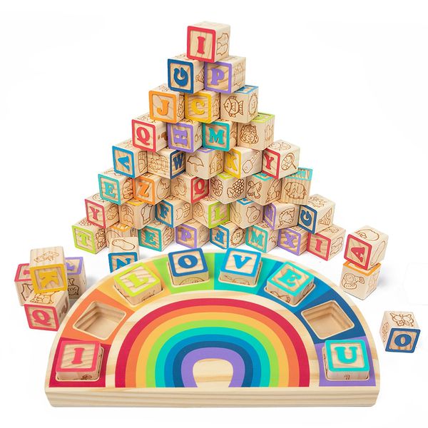 GIRAVO Building Blocks Set Wooden Blocks for Toddlers Rainbow ABC Letter Alphabet Stacking Blocks 26 Pcs Montessori Toys Educational Learning Toys for Kids Age 18 Months for Girls Boys