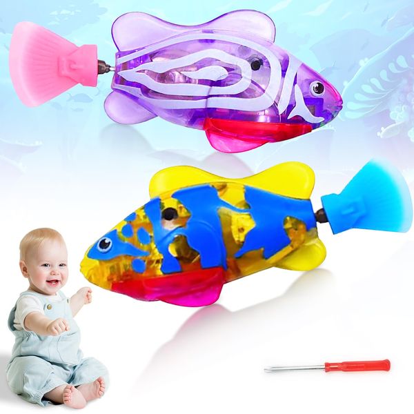 Robot Fish , 2Pcs Swimming Robotic Fish Toy with LED Light Kids Bath Toy Electric Swimming Fish for Cats Kids Gift(2Pcs Purple+Yellow)