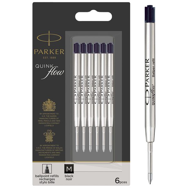 Parker Ballpoint Pen Refills | Medium Point | Black QUINKflow Ink | 6 Count Value Pack