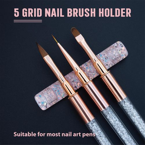 WXS-CHALL Acrylic Nail Art Brush Holder Stand - 5 Grids Crystal Clear Nail Brush Organizer, Perfect for Manicure and DIY Nail Art Pens, Brushes, and Tools (Pink+Gitter)