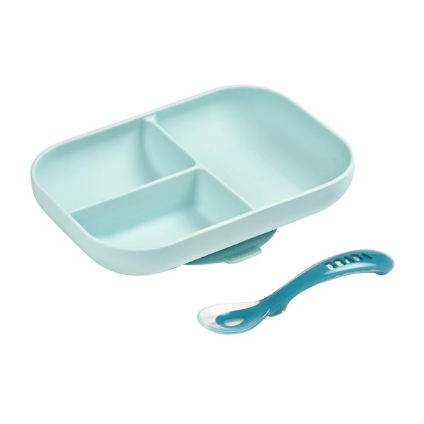 BÉABA - Baby Suction Plate - Silicone Divided Plate with Suction Cup + Silicone Spoon - Sticks to the table/high chair tray - Microwave safe - Toddler Meal Set - Blue