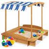 Kids Wooden Cabana Sandbox w/ Bench Seats, UV-Resistant Canopy, Sandpit Cover, 2 Buckets - Natural