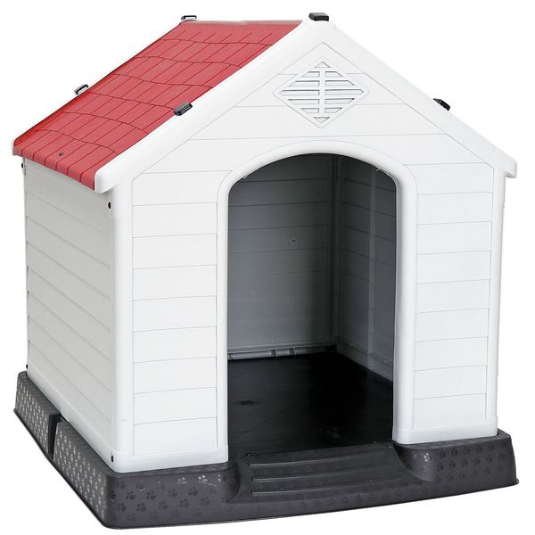 32" Plastic Dog House Outdoor Indoor Pet Shelter Dog Kennel Water Resistant Red