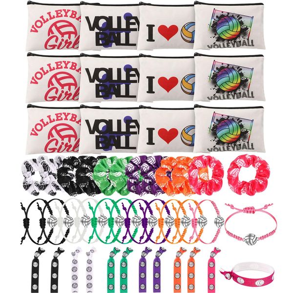 Hotop 48 Pcs Volleyball Gifts for Teen Girls Include Volleyball Cosmetic Bags Volleyball Sport Hair Scrunchies Adjustable Charm Bracelets Volleyball Accessories Hair Ties Volleyball Gifts for Team