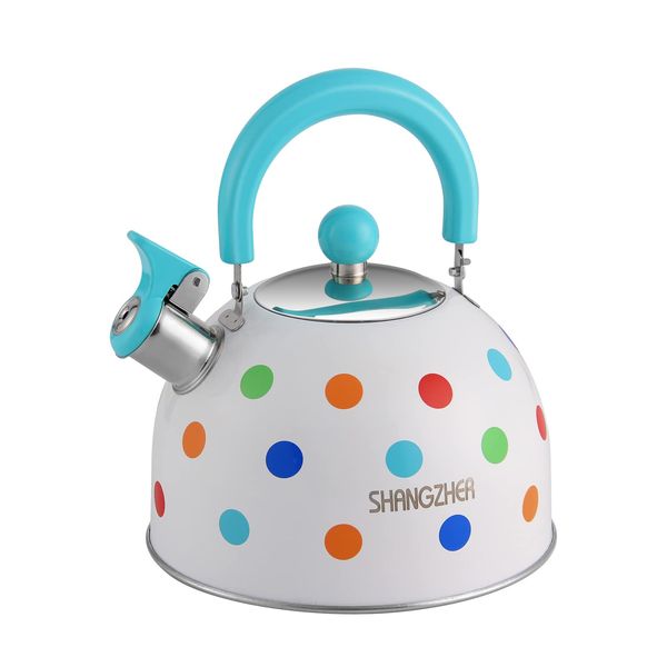 SHANGZHER Polka Dots Tea Kettles Stovetop, Stainless Steel Whistling Kettle Tea Pots for Stove Top 2.6 Quart / 2.5 Liter Blue