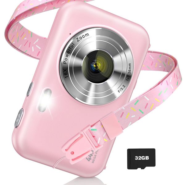 Digital Camera, FHD 1080P Kids Camera with Neck Lanyard 32GB Card Battery, Anti-Shake 16X Digital Zoom, 44MP Point Shoot Cameras, Compact Portable Small Gift Camera for Kid Teen Student Girl Boy(Pink)