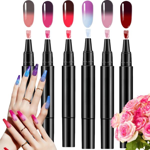 6pcs Colour Changing Gel Nail Polish,One Step Nail Gel Pen,Gel Colours for Nails Polish,3 in 1 Gel Nail Polish Pen,Manicure Colour Changing Art Gel Polish,Quick Dry Nail Polish,Glossy Nail Polish Kit