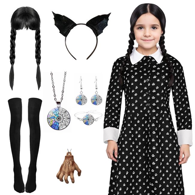 Alaiyaky Wednesday Costume Set for Girls Women, Black Evening Dress Prom Dresses Outfit with Wig Headband Necklace Belt Socks Earrings Bracelet Pendant, Black Dress Ball Gowns for Party (Girls C, 130)