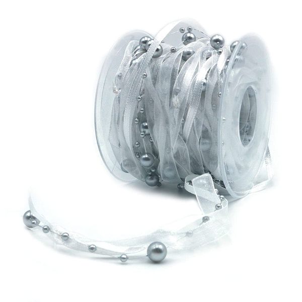 ANCLLO Artificial Bead Ribbon Chiffon Ribbon (Silver)