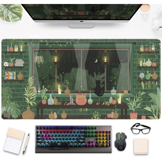Cute Rainy Night Desk Mat Green Plants Desk Pad, Anime Black Cat Kawaii Large Gaming Mouse Pad, Moonlight Fireflies Deskmat Aesthetic Mousepad XXL, Laptop Keyboard Pad for Women Desk 31.5"x15.75"